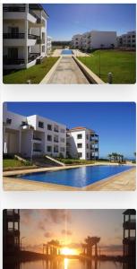 two pictures of buildings and a swimming pool at Cité Marine in Mansouria