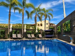 a swimming pool with chairs and palm trees at Hotel Mare 2 in Ksamil