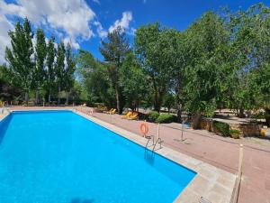 a large swimming pool in a park with trees at Hotel Las Truchas in Nuévalos