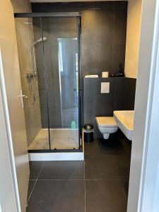 a bathroom with a shower and a toilet and a sink at Apartmenthaus Zeuthen 2 in Zeuthen