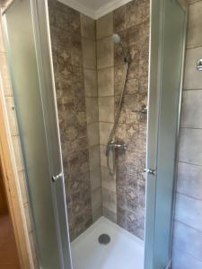 a shower with a glass door in a bathroom at Őzike Apartmanházak in Bogács +18 photos