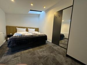 a bedroom with a bed and a large mirror at Apartmenthaus Zeuthen 2 in Zeuthen +16 photos