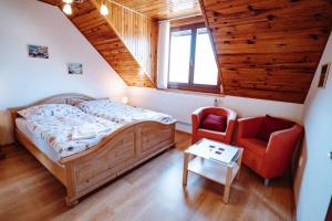 a bedroom with a bed and a chair at Apartmány s výhledem in Horní Maršov