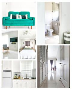 a collage of four pictures of a bedroom and a bathroom at J C Apartment in Kingstown