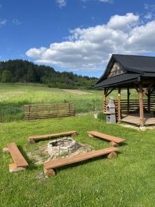 a fire pit in the grass next to a cabin at Domek u Gołąbków Bieszczady in Lesko