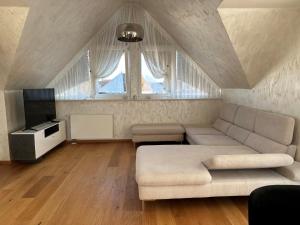 a living room with a couch and a tv at Park Hotel & Gästehaus Rust in Rust