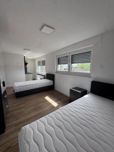 a large bedroom with two beds and two windows at Bayman Apartments in Ellhofen
