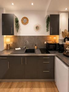 a kitchen with black cabinets and a sink at Spa et sauna - Loft Cataleya in Belfort