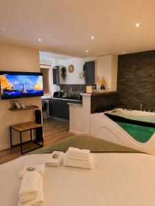 a living room with a swimming pool and a kitchen at Spa et sauna - Loft Cataleya in Belfort