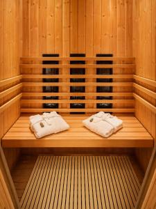 a sauna with two towels sitting on a wooden bench at Spa et sauna - Loft Cataleya in Belfort +3 photos