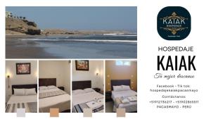 a collage of four pictures of beds on the beach at Hospedaje Kaiak in Pacasmayo