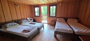 two beds in a room with wooden walls and windows at Beržoro pakrantė in Berżory