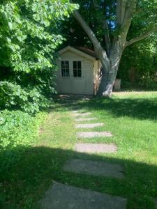 a tree in a yard with a small shed at Tu Casa Chiemsee Ferienhaus in Gstadt am Chiemsee