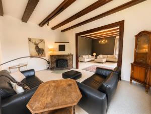 a living room with a leather couch and a table at HarzHaus Hahnenklee in Hahnenklee-Bockswiese