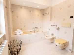 a bathroom with a toilet and a tub and a sink at HarzHaus Hahnenklee in Hahnenklee-Bockswiese +12 photos