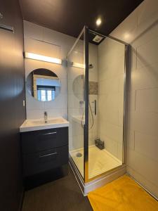 a bathroom with a glass shower with a sink and a shower at Chez Marraine in Nassogne +48 photos
