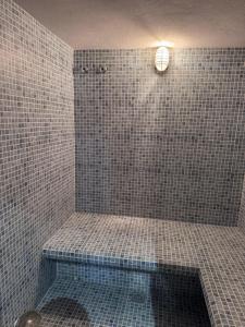 a bathroom with a shower with a tiled wall at Orinoco 20 in Nigrán