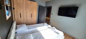 a bedroom with a bed and a tv on a wall at Apartament Baltic 13 Mielno in Mielno