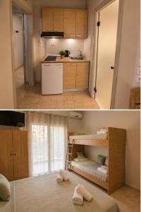 two pictures of a kitchen and a room at Aurora Apartments Stavros in Stavros