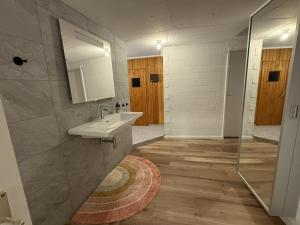a bathroom with a sink and a shower at City Lake & Peaks Thun in Thun +37 photos