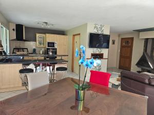 a kitchen and living room with a table with blue balloons at les Arômes in Locronan