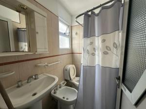 a bathroom with a sink and a toilet and a shower at Lass Cahuelas in Federación