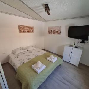 a bedroom with a bed and a flat screen tv at Apartmaji Iris Kobarid in Kobarid