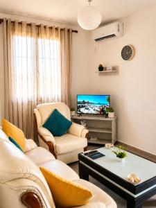 a living room with a couch and a tv at The Pine House in Fier
