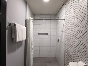 a bathroom with a shower and a white tiled wall at Hotel Plaza del Arco Express in Monterrey
