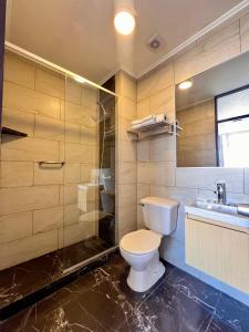 a bathroom with a toilet and a shower and a sink at Hotel Qamiri in Arica +60 photos