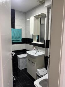 a bathroom with a sink and a toilet and a mirror at Apartment ANGELA Ohrid in Ohrid