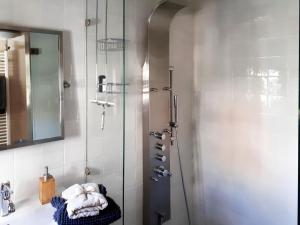 a bathroom with a shower and a sink and a mirror at Het Vissershuisje in Edam +18 photos
