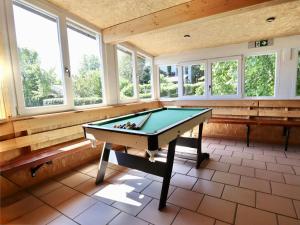 a pool table in a room with windows at Le Noyer in Lierneux