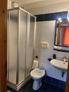 a bathroom with a shower and a toilet and a sink at Albergo Genziana in Bormio