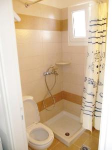 a bathroom with a shower with a toilet and a window at Argo Rooms Antiparos in Antiparos +38 photos