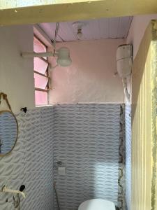 a bathroom with a toilet and a blue tiled wall at Casa a 3 minutos da basilica in Aparecida