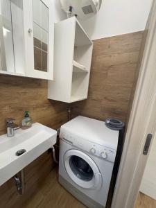 a bathroom with a washing machine and a sink at Babina Hiža in Pula