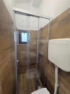a bathroom with a toilet and a glass shower at Babina Hiža in Pula +16 photos