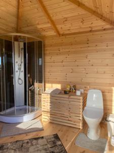 a wooden bathroom with a shower and a toilet at Saules sēta 
