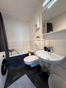 a bathroom with a white toilet and a sink at Happy holiday Westerwald in Ettinghausen