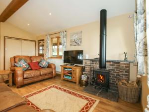 a living room with a couch and a fireplace at Valley View Lodge in Trelystan