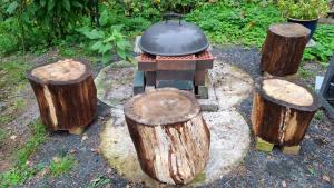a grill with three logs and a group at B&B RhinoSauna in Vihti
