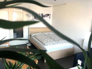 ein Schlafzimmer mit einem Bett in einem Zimmer mit einer Pflanze in der Unterkunft Business Appartement in Regensburg