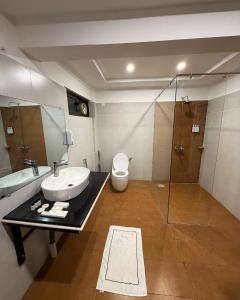 a bathroom with a sink and a shower and a toilet at Prestige by Alnoor in Skardu +18 photos