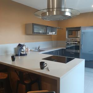 a kitchen with a white counter top and a refrigerator at OF08 - Maison entre mer et forêt in Oust-Marais +44 photos