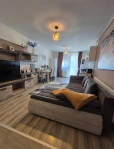 ein großes Wohnzimmer mit Sofa und Fernseher in der Unterkunft Smart Ghimbav in Ghimbav