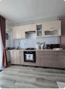 eine Küche mit weißen Schränken und einem Herd mit Backofen in der Unterkunft Smart Ghimbav in Ghimbav