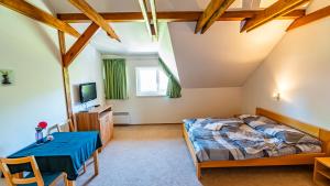 a attic bedroom with a bed and a desk at Penzion Adria III in Dobrohoř