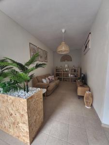 a living room with a couch and a potted plant at A Romãzeira in Torre de Moncorvo
