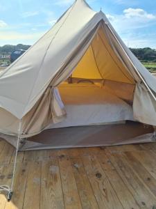 a white tent sitting on top of a wooden floor at Cantinho da Floresta in Fontinha